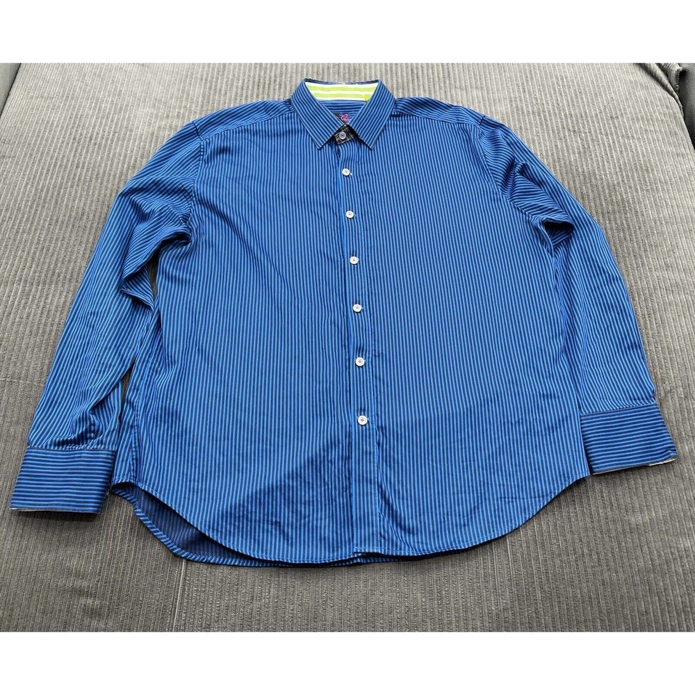 Robert Graham Tailored Fit Men‎ Shirt Size 2XL Blue Striped Cotton Long Sleeve.